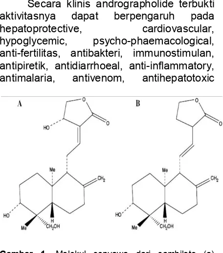 Gambar 1. Molekul senyawa dari sambiloto (a) Andrographolide, (b) Dehydro-andrographolide (Yang  et al