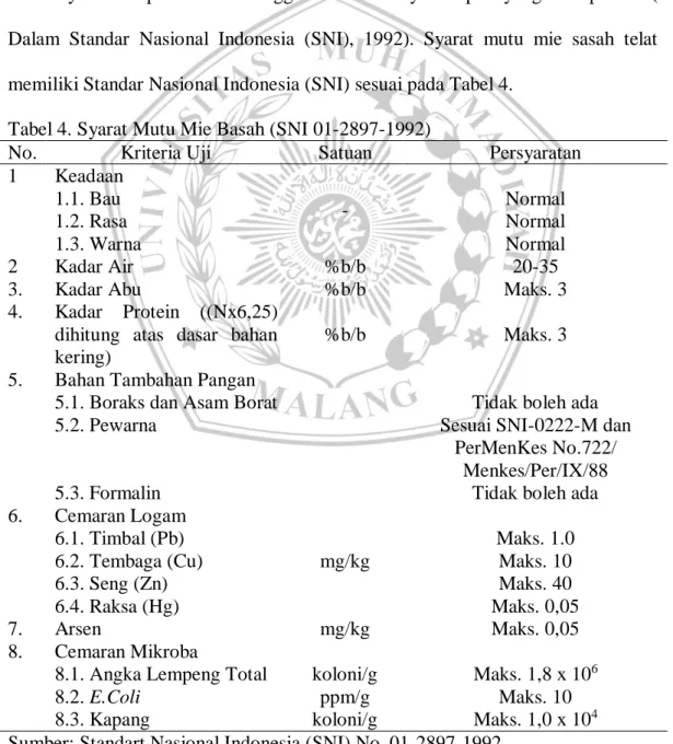 Tabel 4. Syarat Mutu Mie Basah (SNI 01-2897-1992) 
