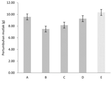 Gambar  1.  Pertumbuhan  berat  mutlak  menunjukan  perbedaan  nyata  antar  perlakuan  selama pemeliharaan ikan nila merah (Oreochromis niloticus) 