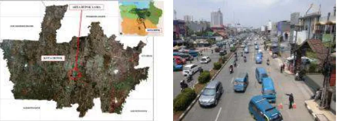 Figure 1. Map of Depok and Depok Lama Area Location (insert: The position of Depok City in the Jakarta Metropolitan Region) (left) and the rapid growth of Depok City (right) Source: documentation of writer 