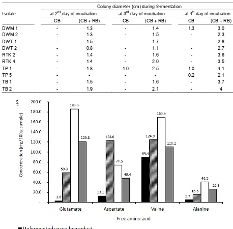 Table 3. Growth of putative Rhizopus isolates on the selection media of cocoa byproduct alone (CB) and of cocoa byproduct-rice bran mixture (CB + RB)