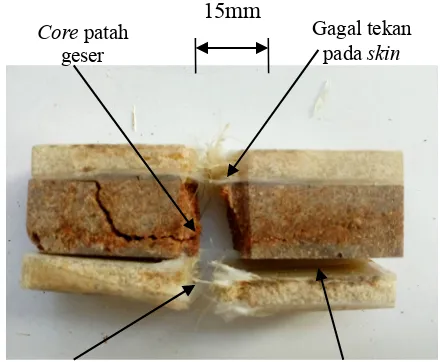 Gambar 10.  Penampang patahan  komposit sandwich hibrid pada Vf = 50%