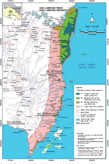 Gambar 3. Peta kelayakan lahan budidaya tambak di Kabupaten Lampung SelatanFigure  3.Map of land suitability for brackishwater pond culture in South LampungRegency