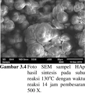 Gambar 3.4 Foto  SEM  sampel  HAp  hasil  sintesis  pada  suhu  reaksi  130 o C dengan  waktu  reaksi  14  jam  pembesaran  500 X