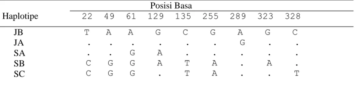 Tabel 1.  Posisi basa (situs) yang berbeda antara haplotipe kukang.  
