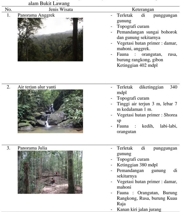 Tabel 4.1. Inventarisasi potensi objek dan daya tarik wisata kawasan pariwisata     alam Bukit Lawang 