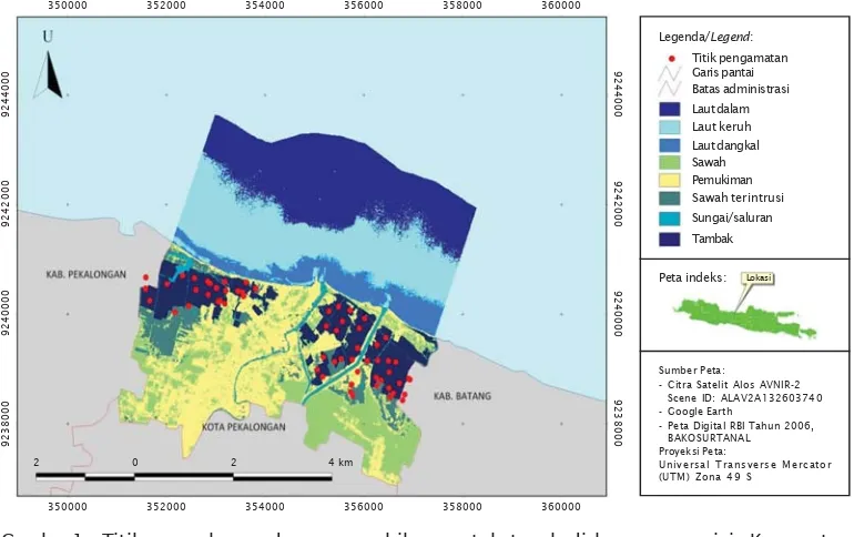 Gambar 1. Titik pengukuran dan pengambilan contoh tanah di kawasan pesisir Kecamatan