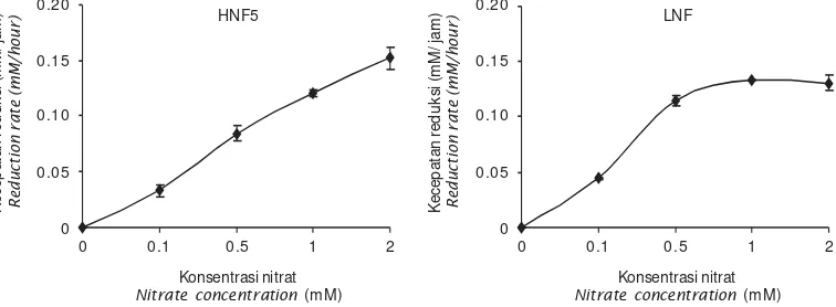 Gambar 5. Kecepatan reduksi nitrat isolat HNF5 dan LNF. Bar merupakan standar erorFigure 5.Nitrate reduction rate of HNF5 and LNF isolates