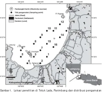 Gambar 1. Lokasi penelitian di Teluk Lada, Panimbang dan distribusi pengamatankualitas perairanFigure 1.The study area in Lada Bay, Panimbang and distribution of samplingpositions