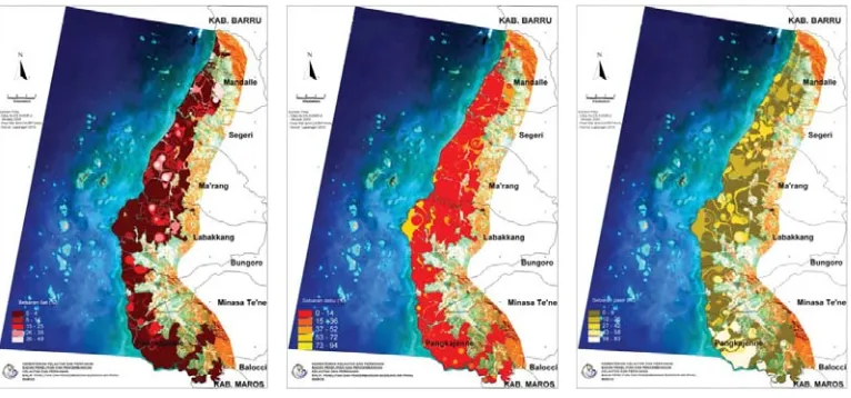 Gambar 5. Peta distribusi spasial kandungan fraksi liat (kiri), debu (tengah), dan pasir (kanan)tanah tambak kedalaman 0- 0,2 m di Kabupaten Pangkep, Provinsi Sulawesi SelatanFigure 5.Spatial distribution map of clay fractions (left), silt (center), and sand (right) ofbrackish water pond soil depth at 0-0.2 m in Pangkep Regency, South Sulawesi Province