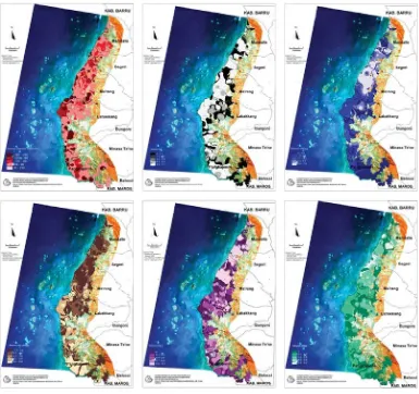 Gambar 2. Peta distribusi spasial potensial redoks (kiri atas), pHF (tengah atas), pHFOX (kanan atas),pHF- pHFOX (kiri bawah), pHKCl (tengah bawah), dan pHOX (kanan bawah) tanah tambakkedalaman  0- 0,2 m di Kabupaten Pangkep, Provinsi Sulawesi Selatan
