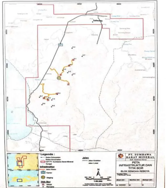 Gambar 2.4 Peta Infrastruktur dan Koordinat Titik Bor Blok Samoa  Reboya  Sumber : PTSBM,2021 