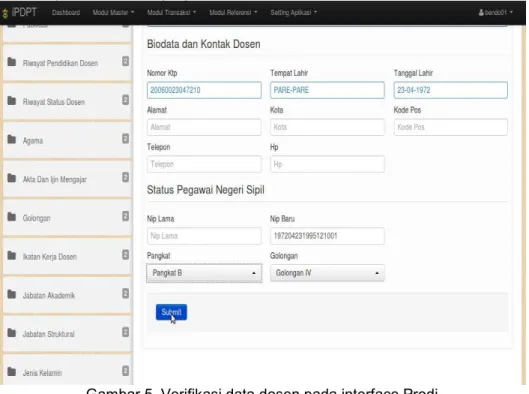 Gambar 5. Verifikasi data dosen pada interface Prodi 