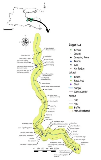 Gambar 2. Distribusi Jeram dan Objek-objek Wisata Potensial Lainnya Sepanjang Sungai Pekalen Atas 