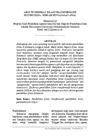 ARUS PENDIDIKAN ISLAM TRANSFORMATIF DI INDONESIA: SEBUAH PENJAJAGAN ...