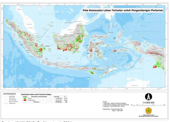 Gambar 4.   Peta  sebaran  kesesuaian  lahan  terlantar  untuk  pengembangan  pertanian  berdasarkan  data  tutupan  lahan  2015  (KLHK  2015)  dan  Atlas  Arahan  Tata  Ruang  Pertanian  Indonesia  (Puslitbangtanak 2001) 