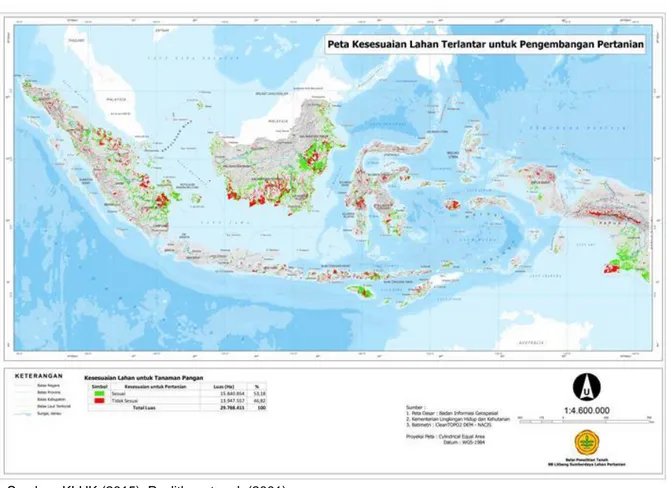 Gambar 4.   Peta  sebaran  kesesuaian  lahan  terlantar  untuk  pengembangan  pertanian  berdasarkan  data  tutupan  lahan  2015  (KLHK  2015)  dan  Atlas  Arahan  Tata  Ruang  Pertanian  Indonesia  (Puslitbangtanak 2001) 