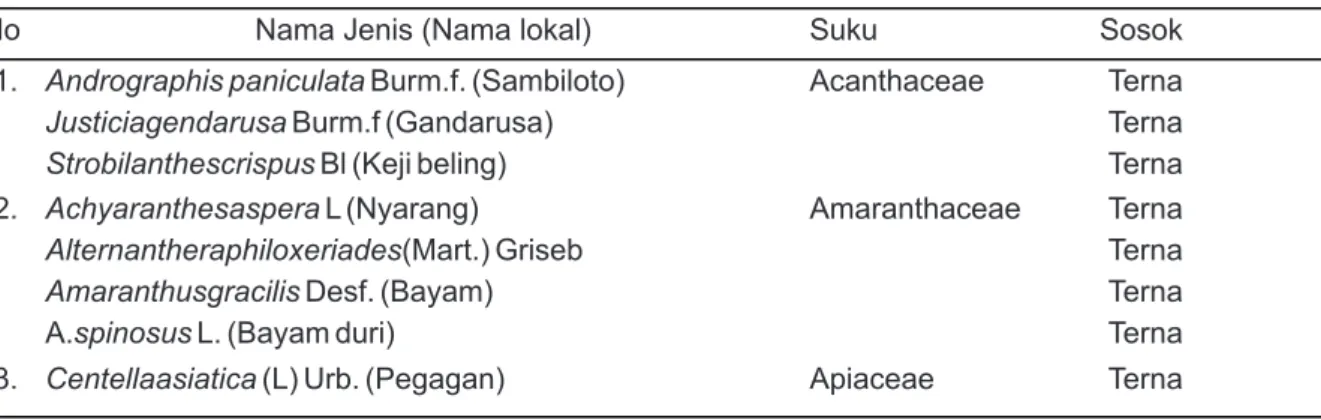 Tabel 1. Daftar jenis, suku dan sosok tumbuhan bawah yang terdapat di hutan heterogen di  Desa Cikakak