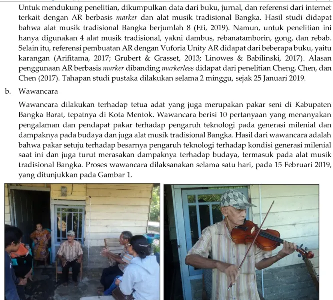 Gambar 1. Pengumpulan data dari Tetua Adat Bangka Barat (a) Wawancara, (b) Demonstrasi alat musik 