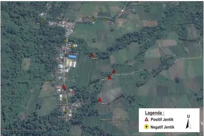 Gambar 2.    Peta distribusi habitat perkembangbiakan nyamuk Anopheles spp pada ekosistem pedalaman di  Desa Kaluku Tinggu Kabupaten Sigi, Sulawesi  Tengah, 2014