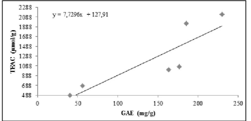 Gambar 3. Hubungan antara Kapasitas Antioksidan metode CUPRAC dan   Kandungan Fenolat 