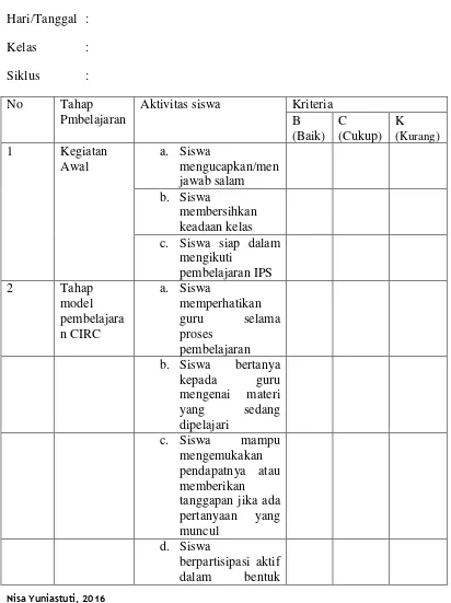 Tabel 3.3 Lembar Observasi Siswa  FORMAT LEMBAR OBSERVASI SISWA  