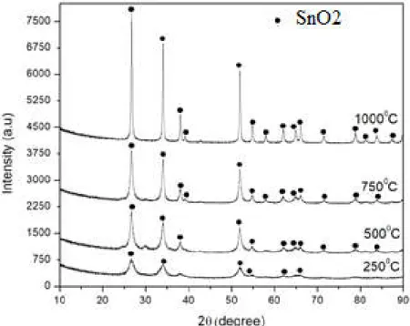 Gambar 3. Pola analisis XRD nanopartikel SnO 2  berdasarkan variasi temperatur kalsinasi