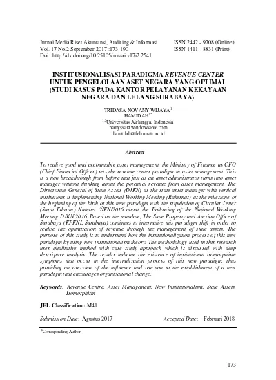 INSTITUSIONALISASI PARADIGMA REVENUE CENTER UNTUK PENGELOLAAN ASET ...