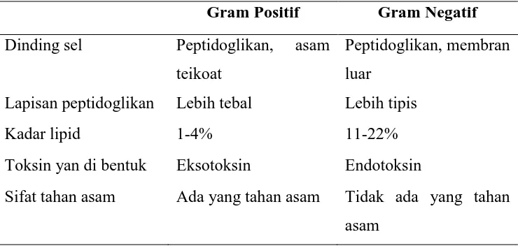 Tabel 2.1. Perbedaan bakteri Gram positif dan Gram negatif.  