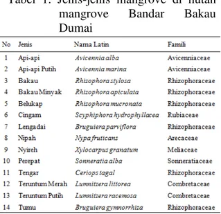 Tabel  1.  Jenis-jenis  mangrove  di  hutan  mangrove  Bandar  Bakau  Dumai 