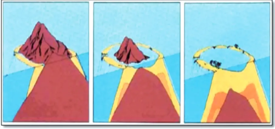 Gambar 11.   Tipe-Tipe  Terumbu Karang, Yaitu Terumbu Karang  Tepi (Kiri), Terumbu Karang Penghalang (Tengah),  dan  Terumbu Karang Cincin (kanan) (Sumber;  Ny-bakken, 1992).
