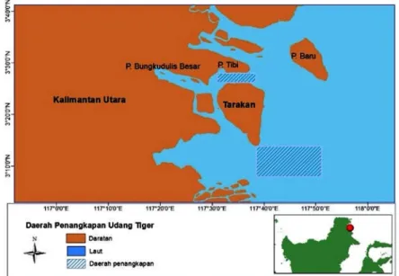 Gambar 1. Lokasi penelitian dan daerah penangkapan udang di Tarakan, Kalimantan Utara.