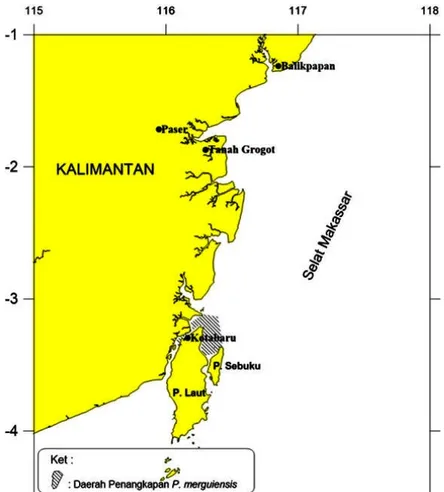 Gambar 1. Peta daerah penangkapan udang di perairan Kotabaru, Kalimantan Selatan.