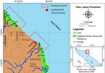 Gambar 1. Peta menunjukan lokasi penelitian di perairan Aceh Timur. Figure 1. Map showing location of research in East Aceh waters.