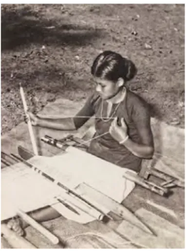Gambar 2.3: Seorang wanita yang sedang menenun dengan  menggunakan alat tenun tradisonal pada tahun 1925
