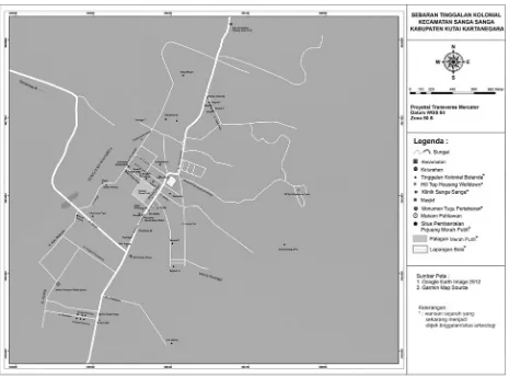 Gambar 3 Sebaran tinggalan arkeologi di antara fasilitas umum dan ruang publik di Sangasanga(sumber, Wasita dkk., 2012)