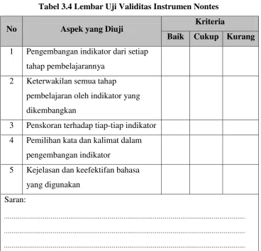 Tabel 3.4 Lembar Uji Validitas Instrumen Nontes 