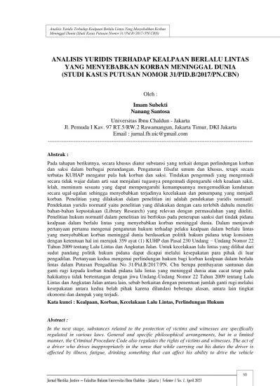 ANALISIS YURIDIS TERHADAP KEALPAAN BERLALU LINTAS YANG MENYEBABKAN ...