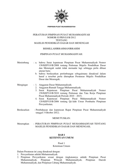 PERATURAN PIMPINAN PUSAT MUHAMMADIYAH NOMOR 03/PRN/I.0/B/2012 TENTANG ...