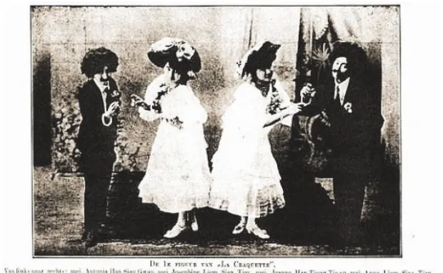 Figure 4. A group of Chineesche Bellesperforming “La Craquette”. Left to right: Antonia Han Sian Gwan; Josephine Liem Sian Tjay; Jeanne Han Tjong Tie; Anna Liem Sian Tjay (source:  from Surabaya in western fancy dress Weekblad voor Indië18-10-1908)