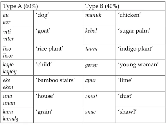 Table 3. Underlying final phonemes which mainly yield Type B nouns without final coda alternation.