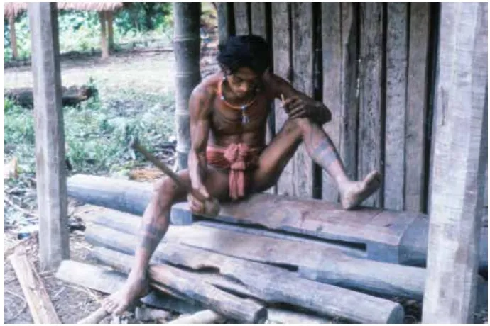 Figure 3. A member of the Sakuddei group plays the slit drums, the tuddukat (photograph by R