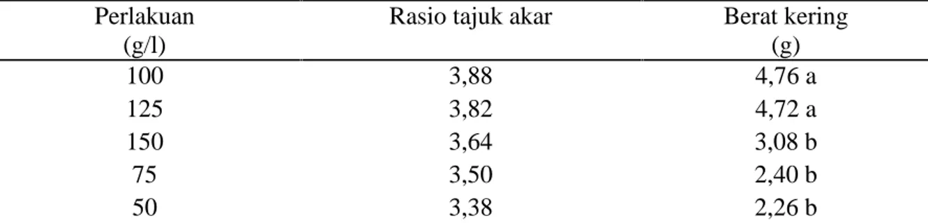 Tabel 3. Rasio tajuk akar dan berat kering bibit kelapa sawit umur 4 bulan di pembibitan awal dengan pemberian konsentrasi pupuk cair Azolla pinnata.
