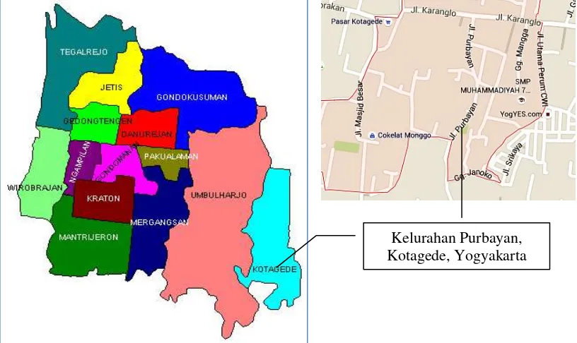 Gambar 1: Peta lokasi kelurahan Purbayan, Kotagede, Yogyakarta Sumber: google maps, 2016 