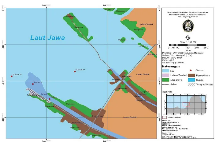 Gambar 1.  Peta Lokasi Penelitian Struktur Komunitas Makrozoobentos di Perairan Morosari, Kecamatan Sayung,  Demak