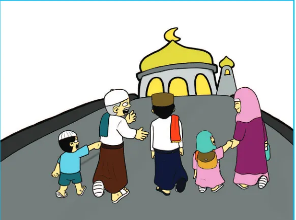 Gambar 9.2 Kaum muslimin orang tua, muda dan anak-anak menuju masjid/musalla sambil menyandang sajadah