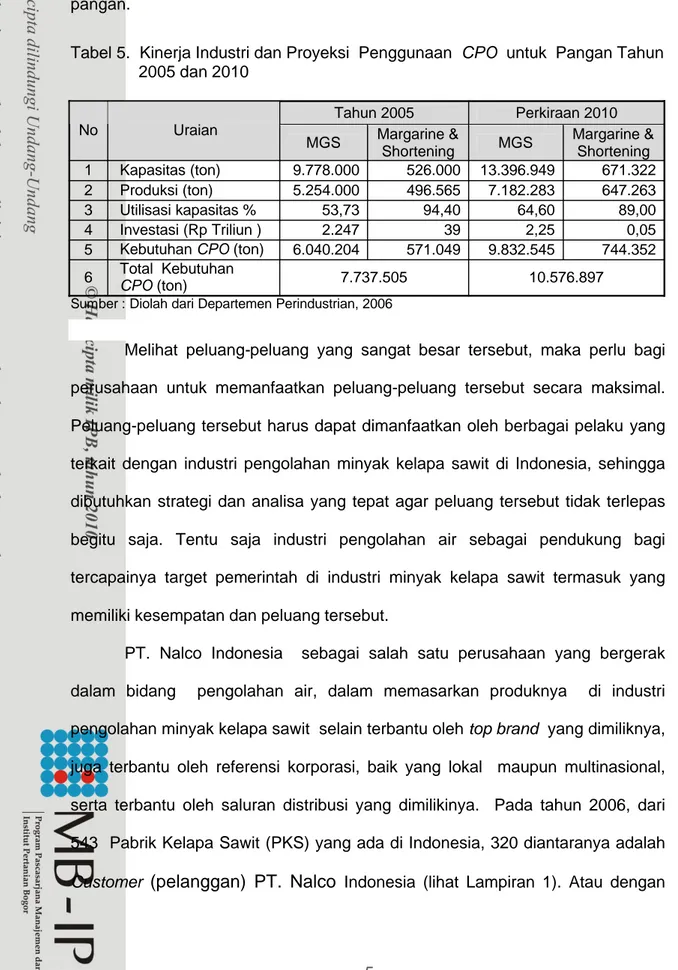 Tabel 5.  Kinerja Industri dan Proyeksi  Penggunaan  CPO untuk  Pangan Tahun  2005 dan 2010