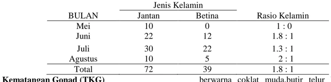 Tabel 2. Rasio Kelamin Ikan Keperas (Cyclocheilichthys apogon) Betina dan Jantan pada Bulan Mei – Agustus 2016