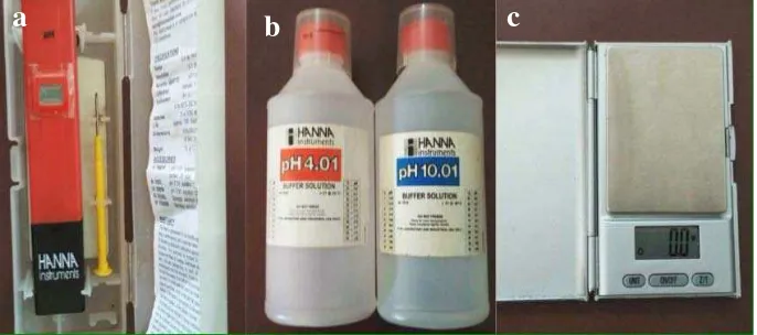 Gambar 6. Alat dan bahan yang digunakan dalam penelitian (A.   pHmeter digital B. Larutan buffer C