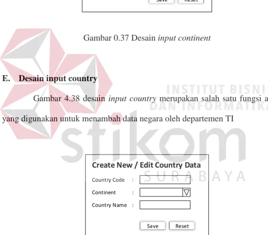 Gambar 4.37 desain input continent merupakan salah satu fungsi aplikasi  yang digunakan untuk menambah data benua oleh departemen TI 
